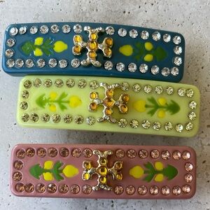 TORY BURCH Embellished Rhinestone Floral Hair Clips - Blue, Lime, Pink